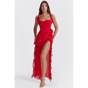 NEW House of CB Ariela Ruffle Maxi Dress Red Rose Cherry Medium